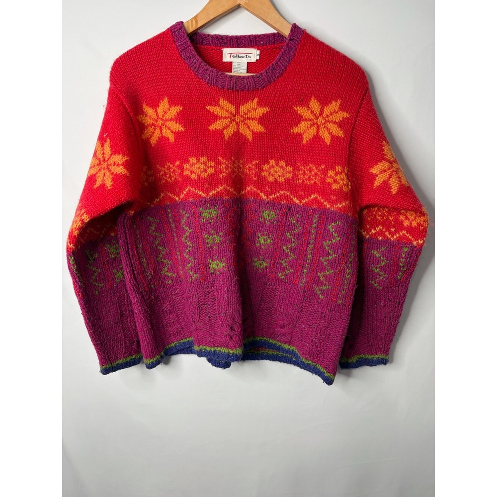 VTG Talbots Wool Blend Snowflake Intarsia Sweater Sz S Red Magenta Festive Xmas